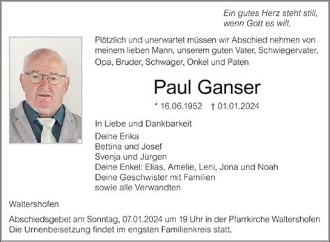 Traueranzeigen Von Paul Ganser Schwaebische De Trauerportal