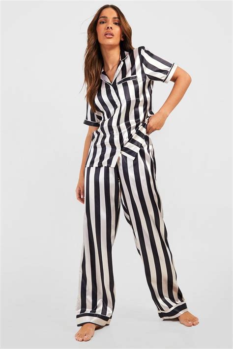 Womens Stripe Satin Pyjama Shirt And Trouser Set Boohoo Uk