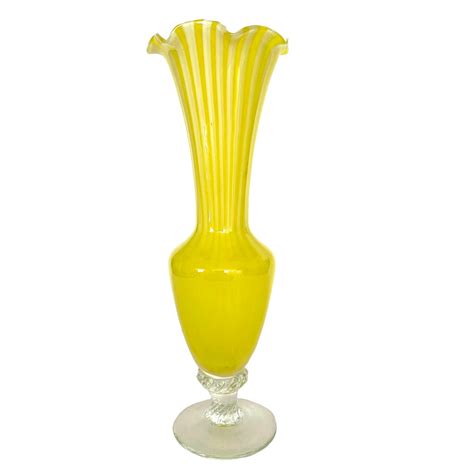 Vintage 1980s Hand Blown Glass Canary Yellow Ruffled Striped Footed Tulip Bud Vase As Is Mid