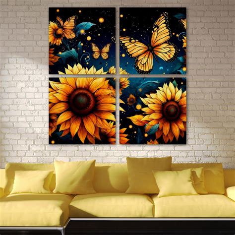 Ownta Starry Sky Sunflower Butterfly Pattern 4pc Frameless Canvas Wall