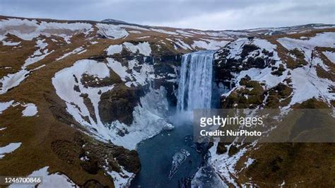 An Aerial View Of The Skógafoss Waterfall In Skogar Iceland On