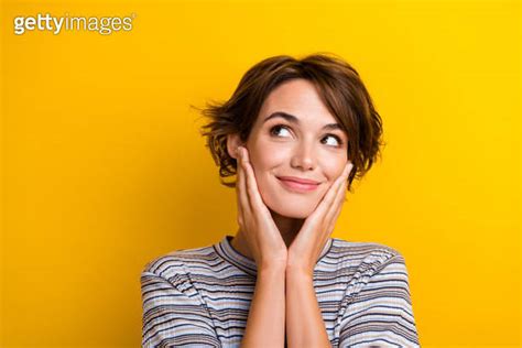 Portrait Of Gorgeous Girl With Short Hairstyle Wear Grey T Shirt Look