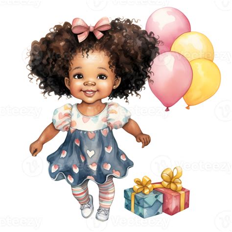 Cute Birthday Baby Girl African American Watercolor Clipart ...