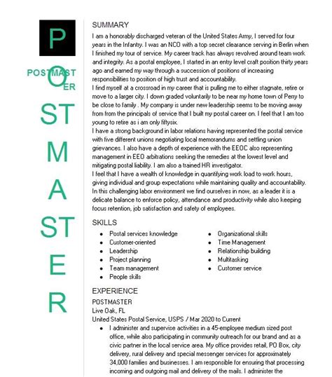 Postmaster Resume Example