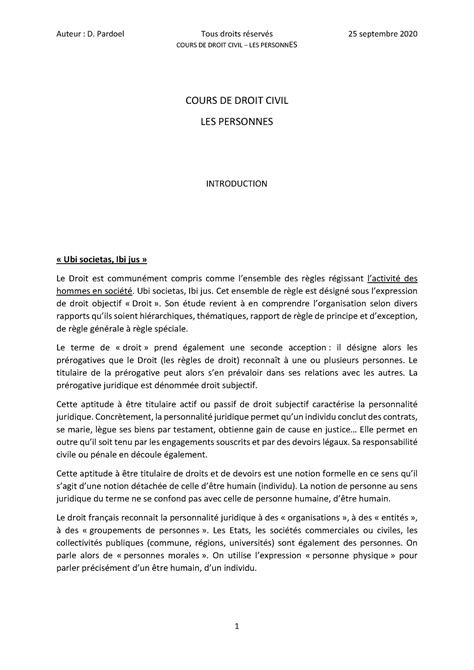 Cours au 1 octobre 2020 page 1 à 18 COURS DE DROIT CIVIL LES