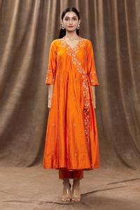 Buy Orange Pure Spun Silk Embroidery Sequin V Neck Angrakha Set For