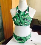 Green Leaves Print High Collar Edge Polyline Hollow Two Piece Bikini On