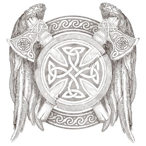 Escudo Celta Y Dos Hachas Con Alas Escudo De Armas De Los Vikingos Con