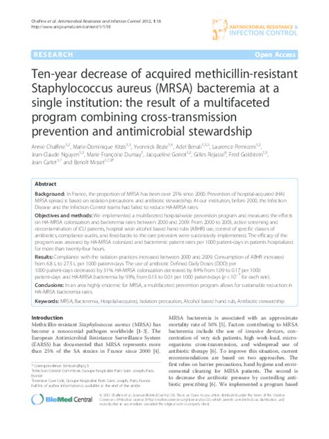 Pdf Reducing Methicillin Resistant Staphylococcus Aureus Mrsa