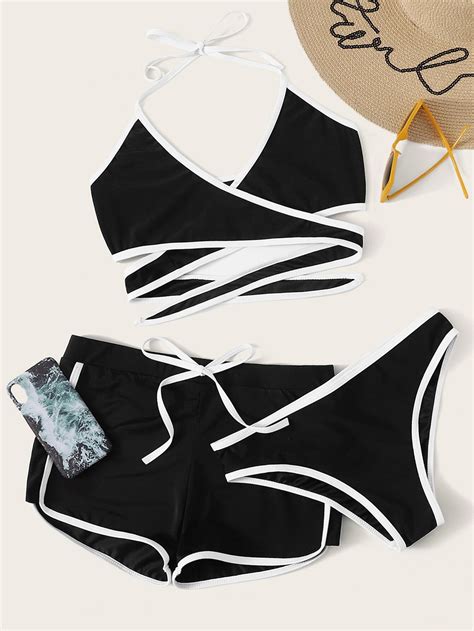 Shein Swim Summer Beach Ringer Bikini Set Contrast Binding Halter Bra