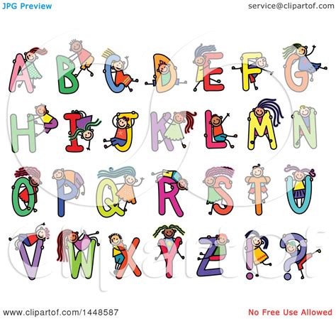 Clipart of a Doodled Sketch of Stick Children and Alphabet Letters ...