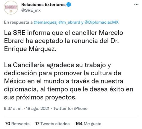 Renuncia Enrique Márquez A Diplomacia Cultural De Sre Tras Polémicas