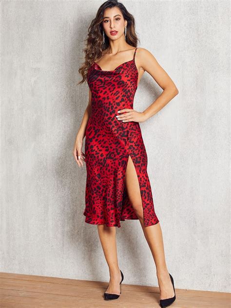 Sbetro Leopard Print Split Thigh Cami Dress Shein Red Leopard Dress