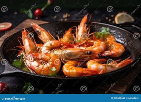 Plate Of Sizzling Tiger Shrimp Prawns In Hot Pan With Garlic And Spices