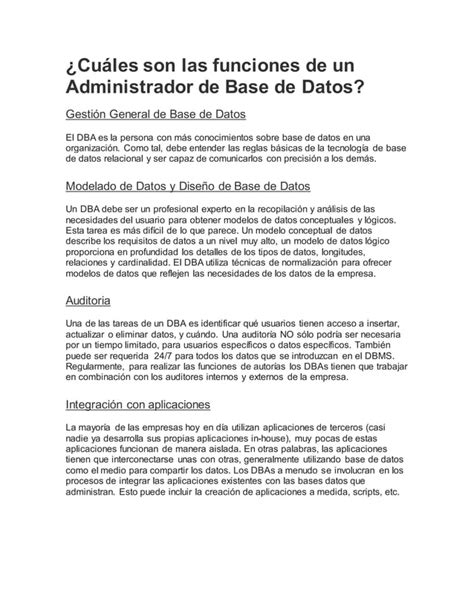 Funciones De Un Dba Y Tipos De Base De Datos Pdf