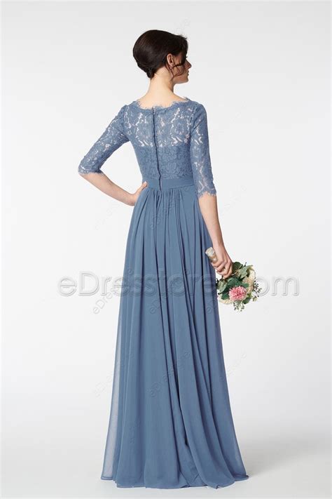 Lace Modest Periwinkle Bridesmaid Dress Three Quarter Sleeves Edresstore