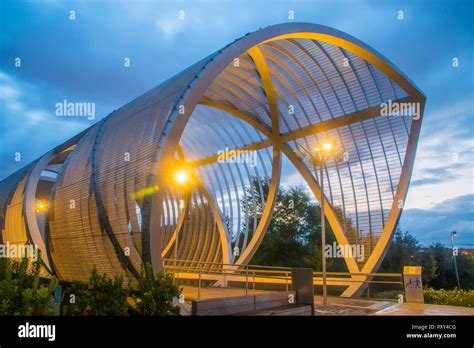 Bridge by Perrault, night view. Madrid Rio park, Madrid, Spain Stock ...