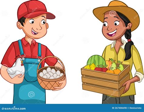 Cartoon Farmers With Chicken And Fruits Stock Vector Illustration Of