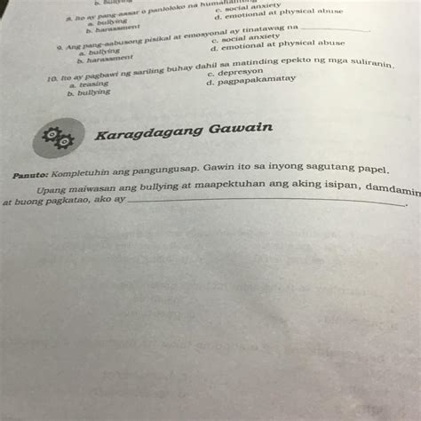 Karagdagang Gawain Panuto Kompletuhin Ang Pangungusap Gawin Ito Sa