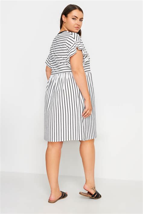 Yours Plus Size Black White Stripe Frill Sleeve Smock Tunic Dress