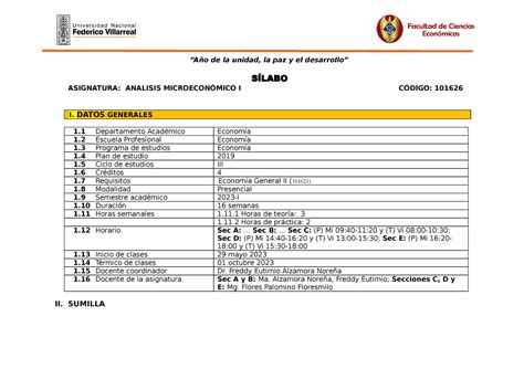 Silabo Análisis Microeconómico I 2023 1 “año De La Unidad La Paz Y