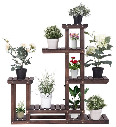 Costway Outdoor Wooden Plant Flower Display Stand 6 Wood Shelf Storage