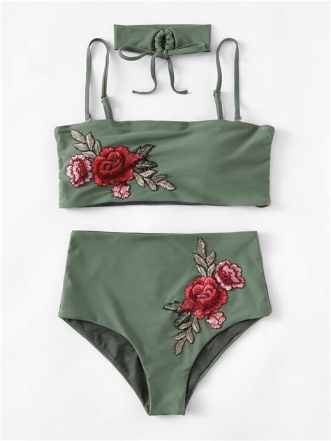 Embroidered Rose High Waist Bikini Set With Choker Sheinsheinside