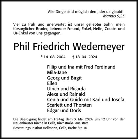 Traueranzeigen Von Phil Friedrich Wedemeyer Trauerportal Der