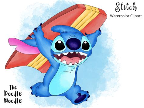 Surfing Stitch Hand Drawn Watercolor Clipart Cute Cartoon Etsy Uk