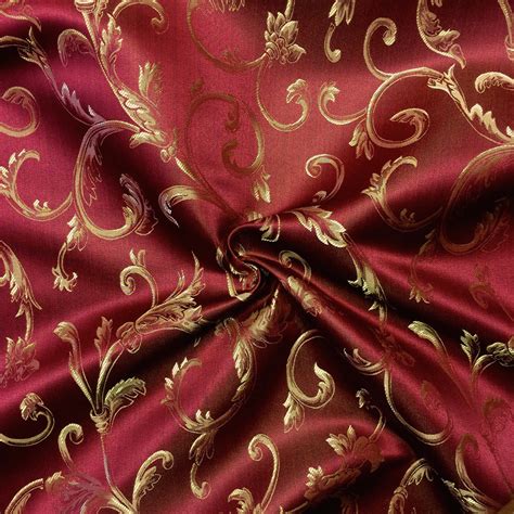 Jacquard Damask Print Fabric Burgundy Gold For Curtains And Decoration