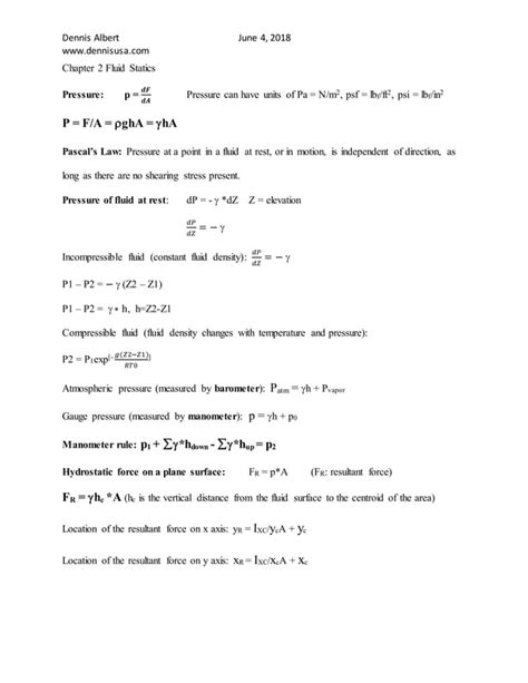 Fluid Mechanics Study Guide Cheat Sheet PDF