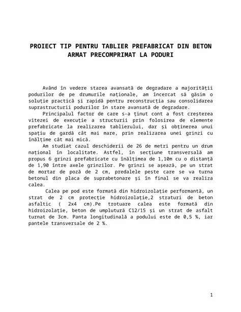 Doc Proiect Tip Pentru Tablier Prefabricat Din Beton Armat