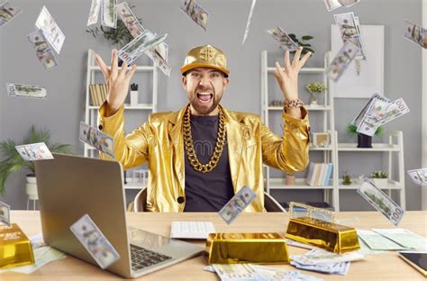 Funny Man Sitting At Desk Throwing Dollar Bills Making Money Rain