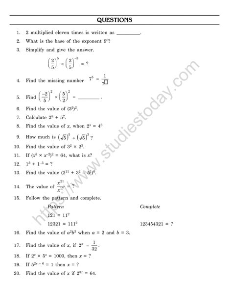 Cbse Class Mental Maths Exponents And Powers Worksheet Worksheets