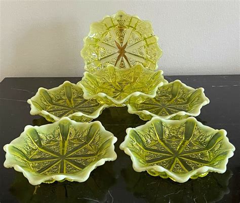 Victorian Pearline Glass 6 Lady Chippendale Uranium Yellow Dishes By