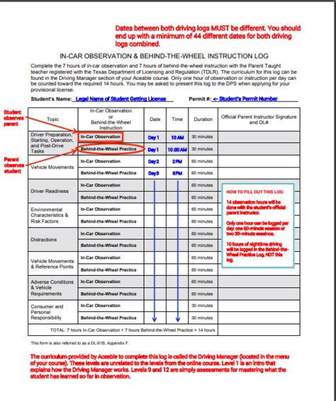 30 Hour Driving Log Texas Printable