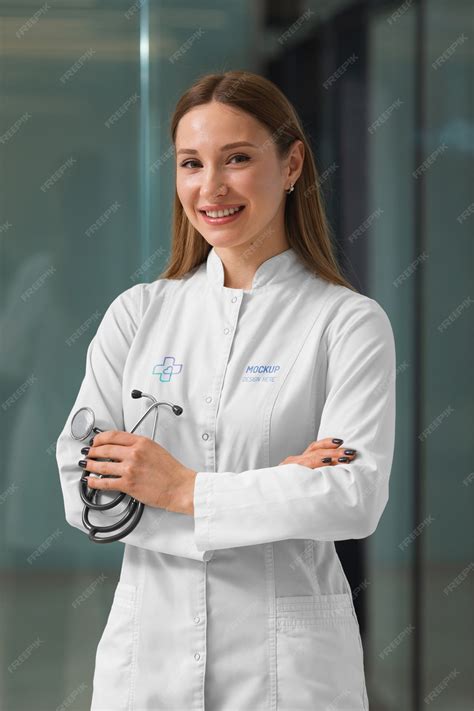 Premium PSD | Female medic wearing lab coat mock-up design