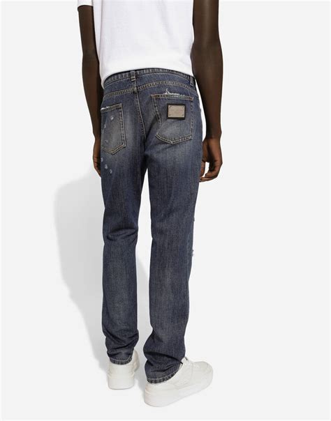 Regular Fit Blue Wash Jeans With Abrasions In Blue For Men Dolce