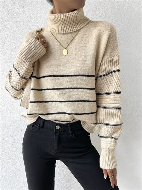 SHEIN Essnce Striped Pattern Turtleneck Drop Shoulder Jumper SHEIN UK