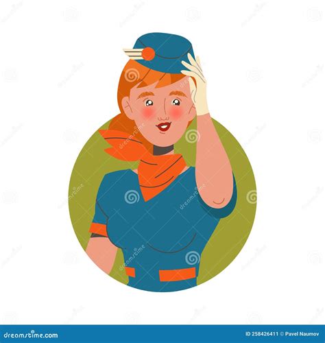 Young Redhead Woman Stewardess In Blue Flight Cap And Red Neckcloth