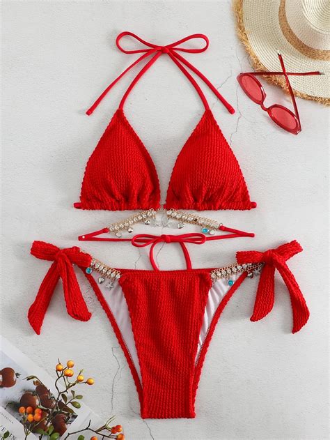 Conjunto De Bikini Texturizado Top Sujetador Tri Ngulo Con Dise O De