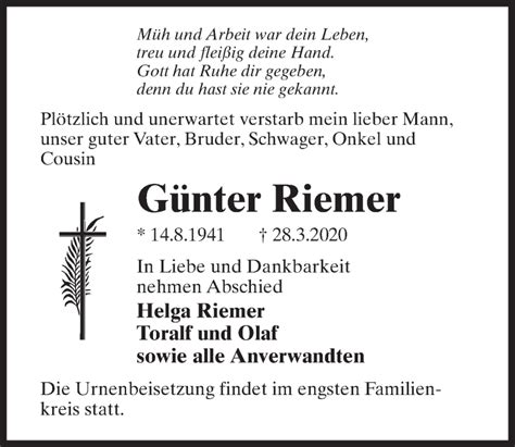 Traueranzeigen von Günter Riemer trauer anzeigen de