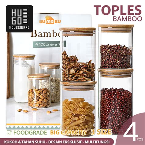 Jual HUGO Toples Kaca Borosilicate Set 4 Pcs Kedap Udara Tutup Bambu