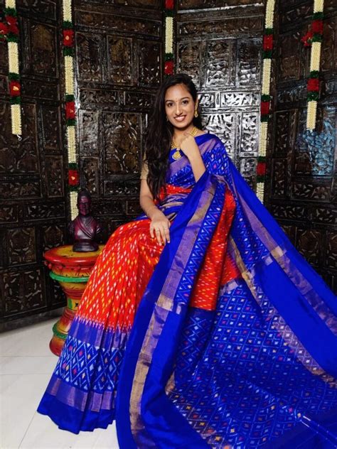 Pure Pochampally Ikkat Silk Saree Red And Blue