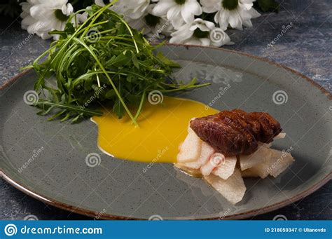 Duck Breast With Caramelized Pear And Arugula Stock Image Image Of