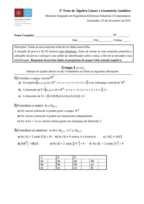 Teste 2 Álgebra 2 º Teste de Álgebra Linear e Geometria Analítica