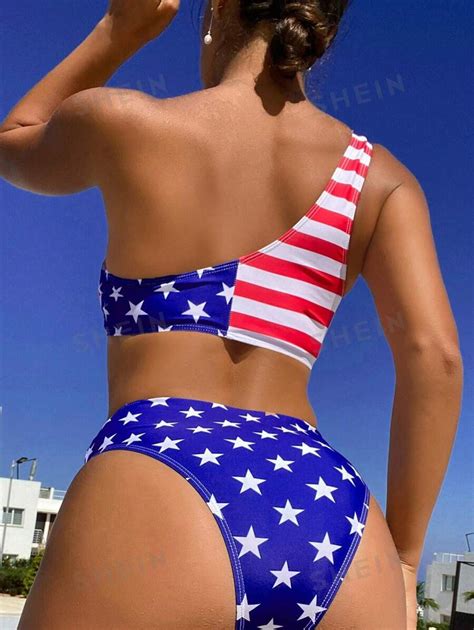 SHEIN Swim Vcay Summer Beach Americana Print One Shoulder Bra Bikini