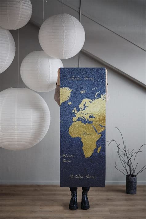 Navy Blue And Gold World Map Papiers Peint Happywall