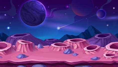 Superficie Del Planeta De Dibujos Animados Con Cráteres Paisaje Alienígena Con Kraters Rosas O