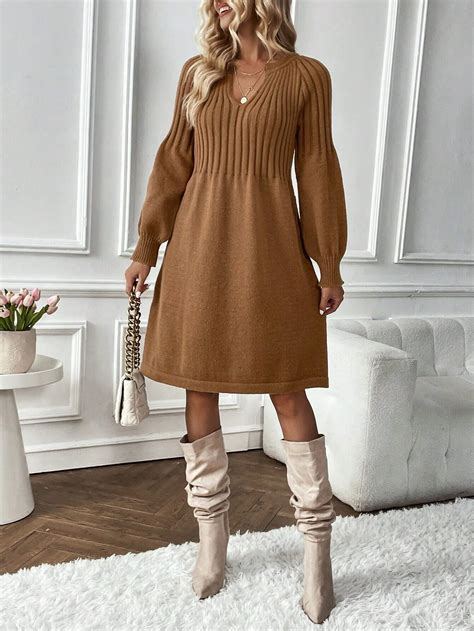 Shein Lune Ribbed Knit Lantern Sleeve Sweater Dress Shein Usa